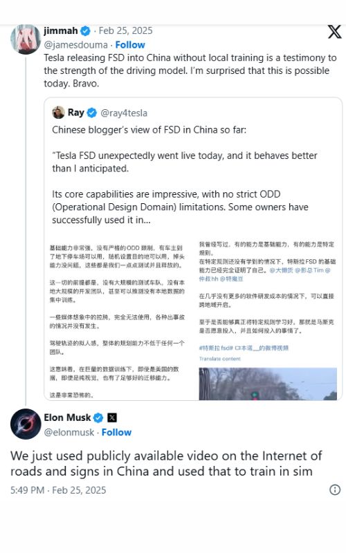 Tesla treina Full Self-Driving na China com vídeos públicos da net 3 post no X