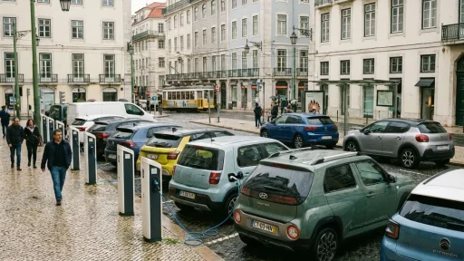 2025 em balanço: um ano de viragem na mobilidade elétrica 7 Em 2025 surgiram vários modelos até 25.000. Numa rua de Lisboa, citadinos elétricos carregam. Imagem gerada por IA