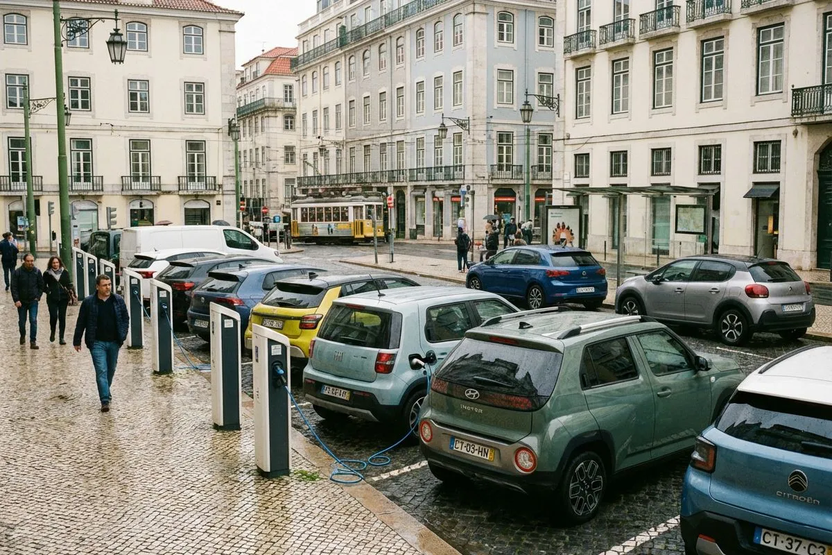 2025 em balanço: um ano de viragem na mobilidade elétrica 2 Em 2025 surgiram vários modelos até 25.000. Numa rua de Lisboa, citadinos elétricos carregam. Imagem gerada por IA