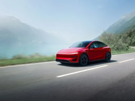 Tesla Model Y é o carro elétrico mais vendido no mundo 3 Um Tesla Model Y na estrada, entre montanhas