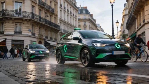 Carros elétricos puxam pelo mercado automóvel europeu em novembro 12 carros elétricos numa rua de uma cidade francesa, com a estrada molhada