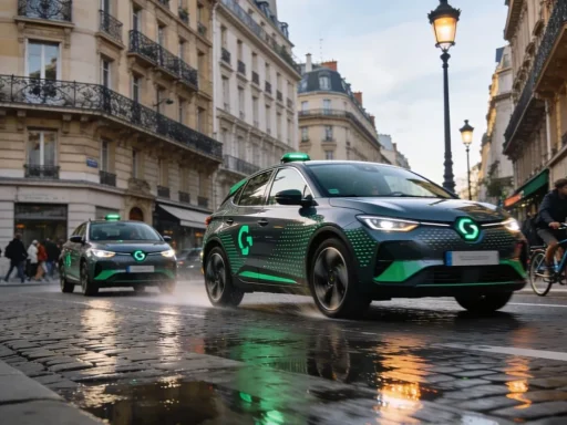 Carros elétricos puxam pelo mercado automóvel europeu em novembro 4 carros elétricos numa rua de uma cidade francesa, com a estrada molhada