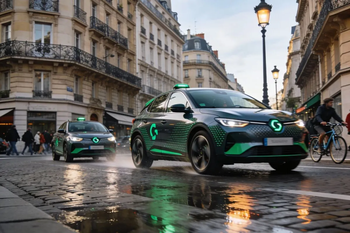 Carros elétricos puxam pelo mercado automóvel europeu em novembro 2 carros elétricos numa rua de uma cidade francesa, com a estrada molhada
