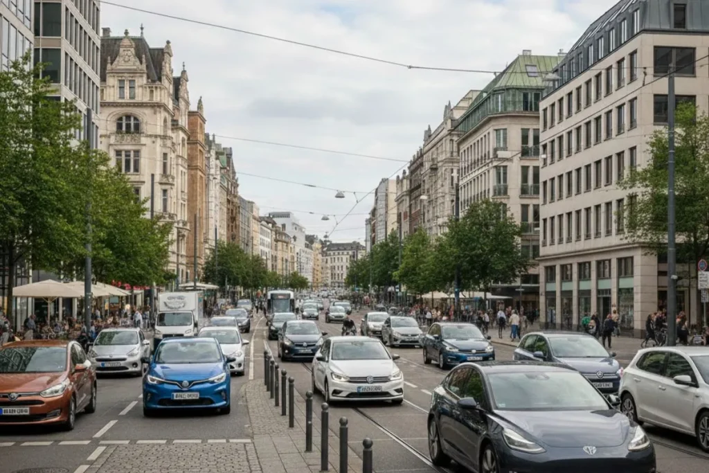 Carros elétricos puxam pelo mercado automóvel europeu em novembro 4 Transito numa rua de uma cidade europeia. A imagem é gerada por IA