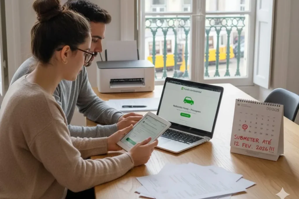 Candidatura ao incentivo à compra de carros elétricos passo a passo 7 Um casal candidata-se ao incentivo à compra de carros elétricos. O casal está em casa, vendo-se através da janela uma elétrico da carris a passar