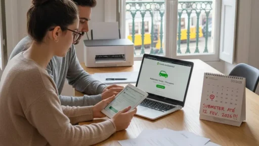 Candidatura ao incentivo à compra de carros elétricos passo a passo 9 Um casal candidata-se ao incentivo à compra de carros elétricos. O casal está em casa, vendo-se através da janela uma elétrico da carris a passar