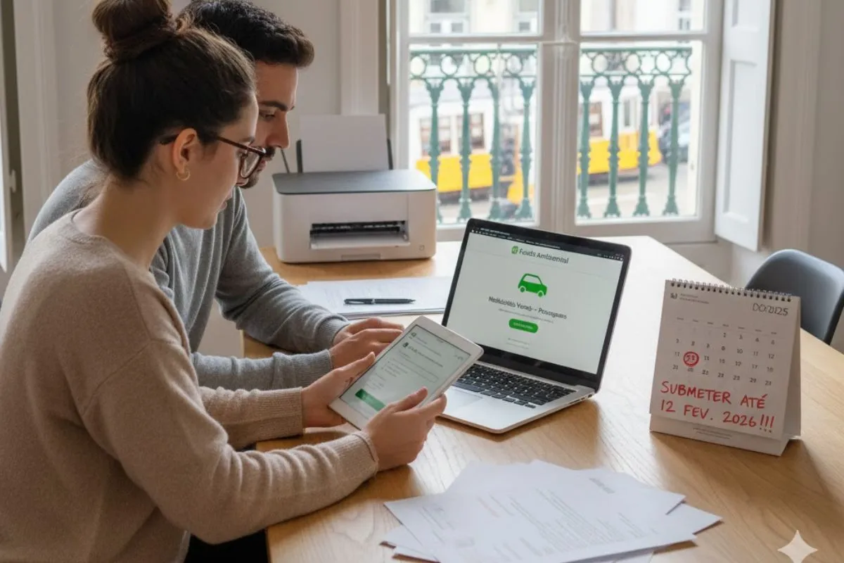 Candidatura ao incentivo à compra de carros elétricos passo a passo 2 Um casal candidata-se ao incentivo à compra de carros elétricos. O casal está em casa, vendo-se através da janela uma elétrico da carris a passar