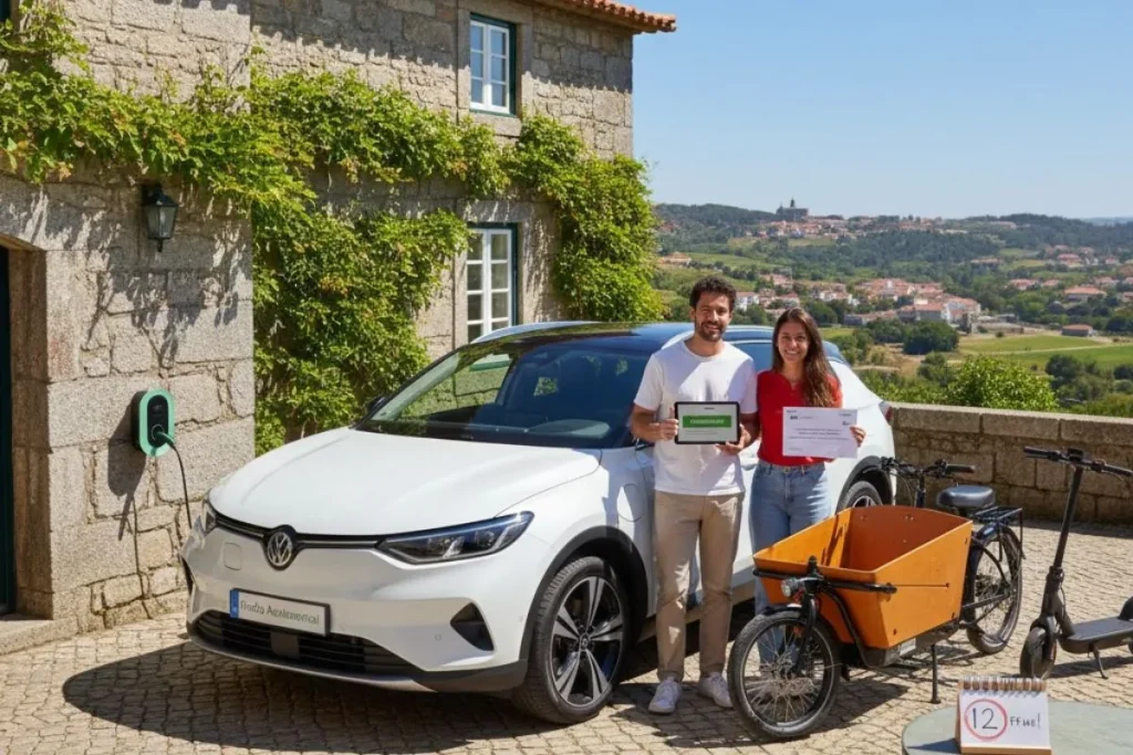 Candidatura ao incentivo à compra de carros elétricos passo a passo 5 Imagem ilustrativa do incentivo à compra de carros elétricos. Um casal posa em frente a uma casa de pedra com uma wallboz, um carro elétrico, um bicicleta de carga e uma trotinete. A imagem é gerada por IA