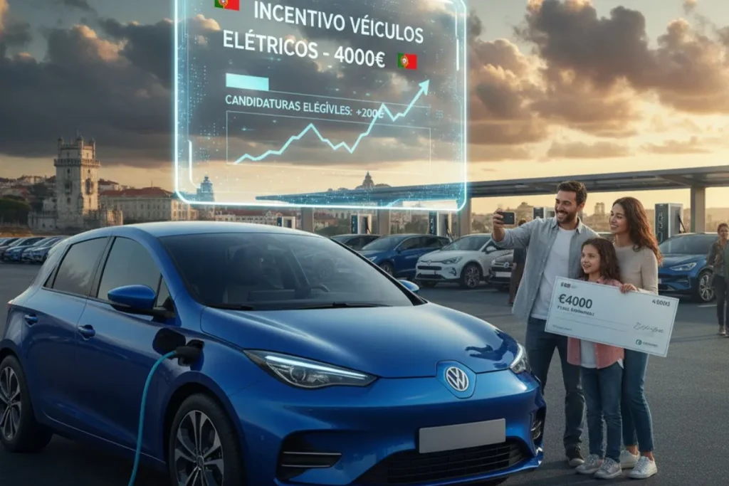 Cheques para elétricos voam em horas. Novo incentivo a caminho 6 uma família posa com um cheque de 4.000 euros junto a um carro elétrico. Imagem gerada por IA