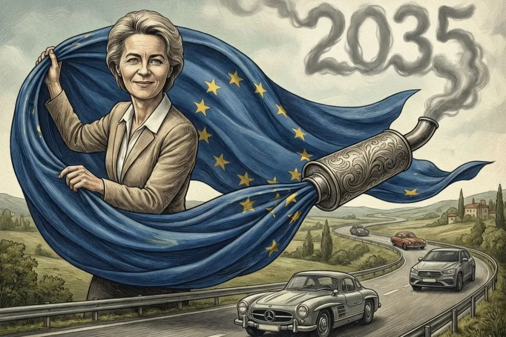 Carros elétricos puxam pelo mercado automóvel europeu em novembro 5 Uma ilustração sobre a meta de 2035, em que se vê Ursula von Der Leyen a segurar uma bandeira da união de onde sai um cano de escape