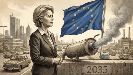 Meta de 2035: Bruxelas recua e permite carros a combustão 8 Ilustração sobre a meta de 2035, onde se vê Ursula von Der Leyen a ver passar carros, a bandeira da UE e um tubo de escape