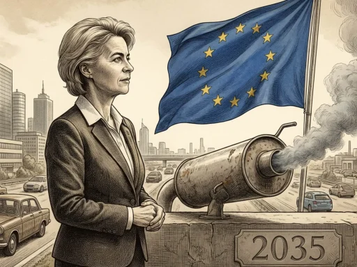 Meta de 2035: Bruxelas recua e permite carros a combustão 3 Ilustração sobre a meta de 2035, onde se vê Ursula von Der Leyen a ver passar carros, a bandeira da UE e um tubo de escape