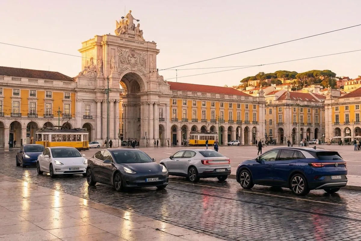 Estudo confirma irreversibilidade dos carros elétricos na UE e China 2 Carros elétricos circulam no terreiro do paço, em Lisboa