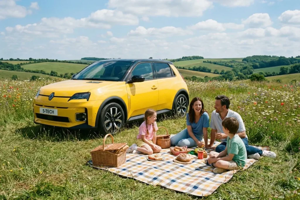 Meta de 2035: Bruxelas recua e permite carros a combustão 4 Uma família faz um picnic ao lado de um Renault 5 elétrico