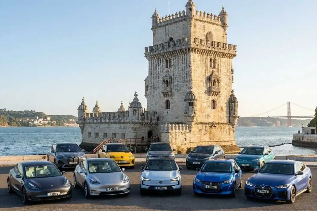 Histórico! Carros elétricos foram os mais vendidos em 2025 7 Os 10 carros elétricos mais vendidos em 2025 frente à torre de belé,. Imagem gerada por IA
