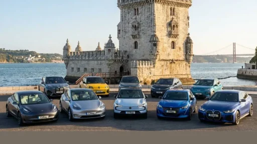 Os 10 carros elétricos mais vendidos em 2025 em Portugal 6 Os 10 carros elétricos mais vendidos em 2025 frente à torre de belé,. Imagem gerada por IA