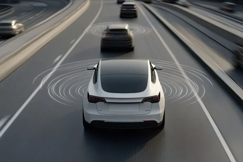 Carregamentos na rede pública cresceram 45% 6 O Full Self-Driving numa simulação de um tesla na estrada. imagem gerada por ia