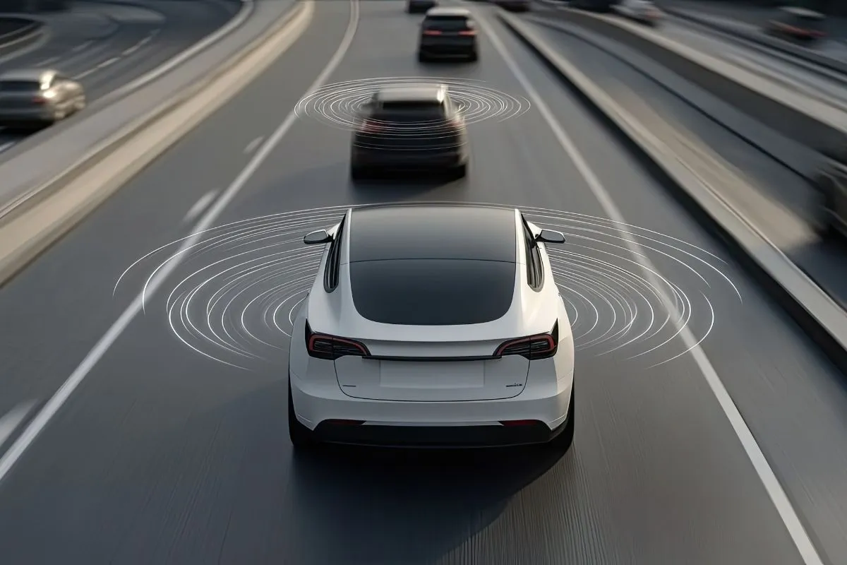 Tesla: Full Self-Driving passa a serviço por subscrição 2 O Full Self-Driving numa simulação de um tesla na estrada. imagem gerada por ia