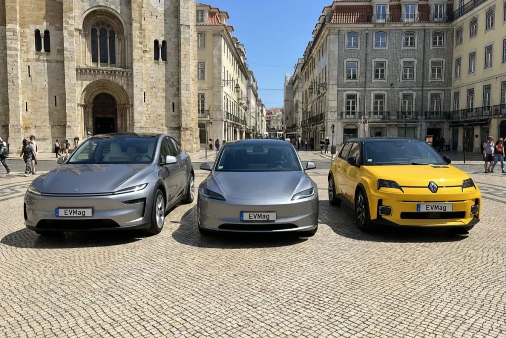Os 10 carros elétricos mais vendidos em 2025 em Portugal 4 Os dois tesla e o Renault 5 E-Tech estacionados numa praça de lisboa. Imagem gerada por IA