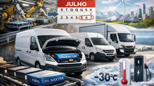 Baterias de iões de sódio produzidas em série ainda este ano 6 Imagem ilustrativa. veículos comerciais ligeiros equipados com bateria de iões de sódio a temperaturas de -30. Imagem gerada por IA