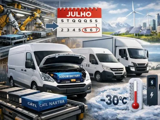 Baterias de iões de sódio produzidas em série ainda este ano 4 Imagem ilustrativa. veículos comerciais ligeiros equipados com bateria de iões de sódio a temperaturas de -30. Imagem gerada por IA