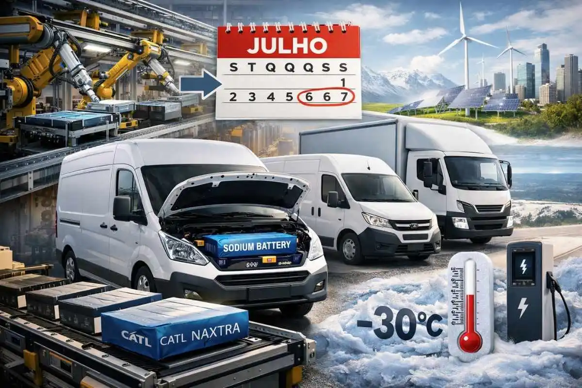 Baterias de iões de sódio produzidas em série ainda este ano 2 Imagem ilustrativa. veículos comerciais ligeiros equipados com bateria de iões de sódio a temperaturas de -30. Imagem gerada por IA