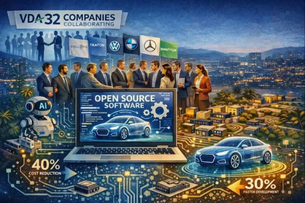 Software de código aberto na próxima geração de carros 3 Ilustração sobre o acordo da indústria para o desenvolvimento de software de código aberto