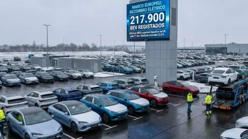 Carros elétricos ultrapassam gasolina na Europa em dezembro 6 elétricos europa. dezenas de carros elétricos num estacionamento de frota. mupi com o número 217.900. imagem gerada por IA