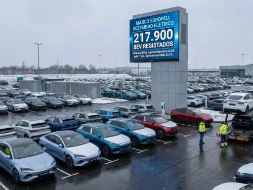 Carros elétricos ultrapassam gasolina na Europa em dezembro 3 elétricos europa. dezenas de carros elétricos num estacionamento de frota. mupi com o número 217.900. imagem gerada por IA