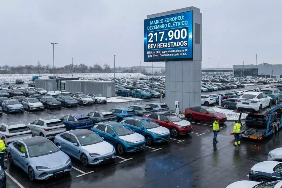 Carros elétricos ultrapassam gasolina na Europa em dezembro 2 elétricos europa. dezenas de carros elétricos num estacionamento de frota. mupi com o número 217.900. imagem gerada por IA