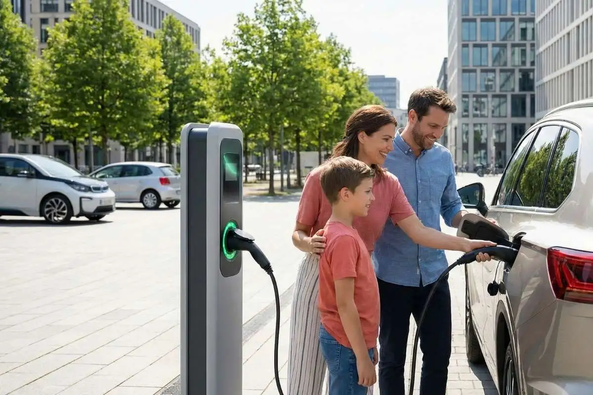Novo incentivo à compra de carros elétricos chega até março 2 Uma família carrega um carro elétrico na rua. Imagem gerada por IA para ilustrar a notícia do novo incentivo à compra