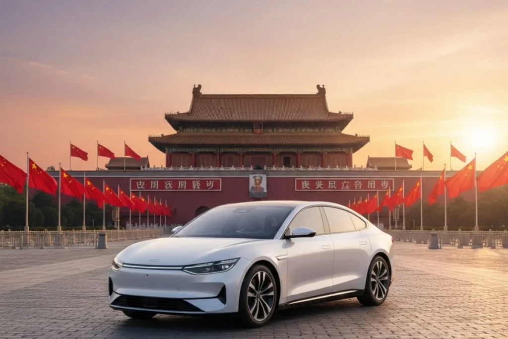 China impõe primeira norma mundial de eficiência 6 Um carro elétrico em frente à cidade proibida com bandeiras da China. Imagem gerada por IA