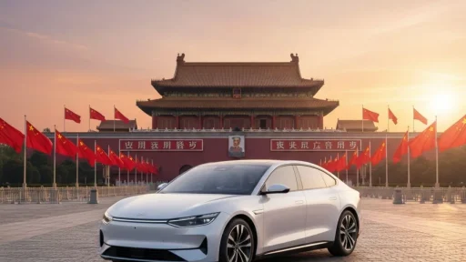China impõe primeira norma mundial de eficiência 15 Um carro elétrico em frente à cidade proibida com bandeiras da China. Imagem gerada por IA