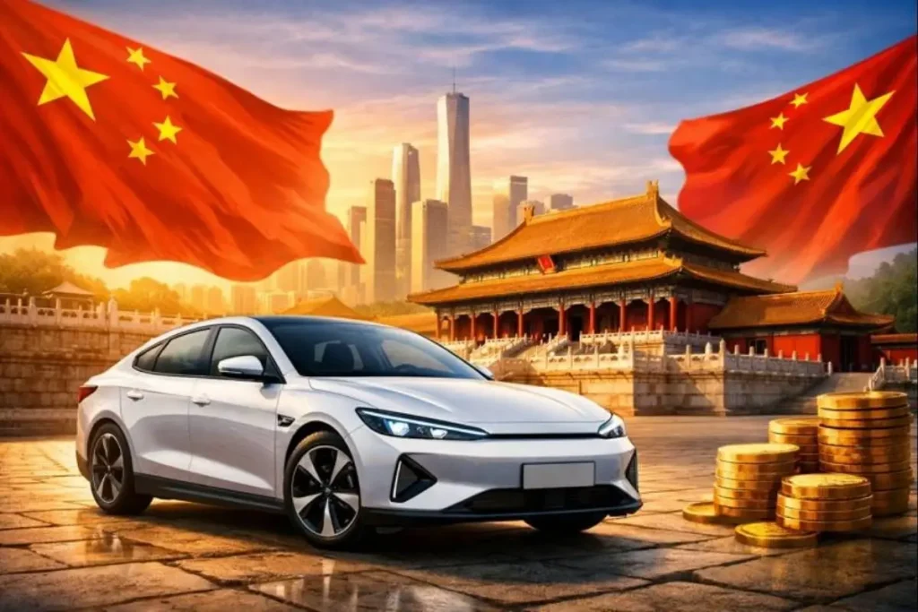 China impõe primeira norma mundial de eficiência 3 Ilustração: um carro elétrico com bandeiras e o horizonte de uma cidade da china