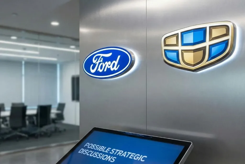 Ford e Geely em conversações para parceria na Europa 8 Ford e Geely logotipos | imagem gerada por IA