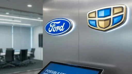 Ford e Geely em conversações para parceria na Europa 6 Ford e Geely logotipos | imagem gerada por IA