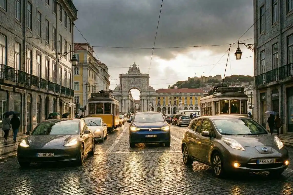2025: o ano em que os elétricos ganharam definitivamente as estradas portuguesas 2 carros elétricos no terreiro do paço em 2025 | imagem gerada por IA