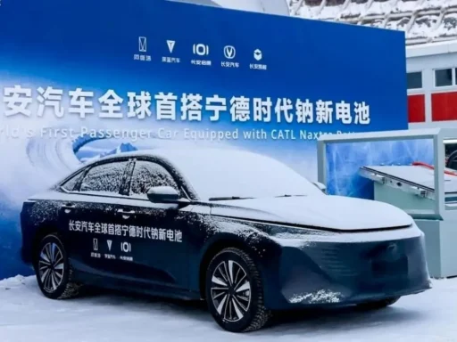 Changan e CATL colocam na estrada o primeiro elétrico de passageiros com bateria de iões de sódio 3 O Changan Nevo A06 é o primeiro elétrico com bateria de iões de sódio. Na apresentação, um modelo coberto de neve