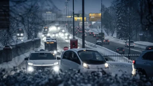 Um milhão de carros elétricos na Noruega: 1 em cada 3 carros já não usa combustível 7 Estrada de Oslo, Noruega, ao lusco fusco num dia cinzento e com neve, com carros elétricos em destaque
