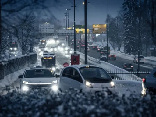 Um milhão de carros elétricos na Noruega: 1 em cada 3 carros já não usa combustível 5 Estrada de Oslo, Noruega, ao lusco fusco num dia cinzento e com neve, com carros elétricos em destaque
