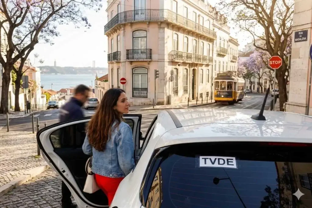 43% dos TVDE já são elétricos. Lisboa quer 100% até 2030 3 Uma mulher jovem sai de um carro TVDE em Lisboa, com a ponte e o Cristo Rei ao fundo