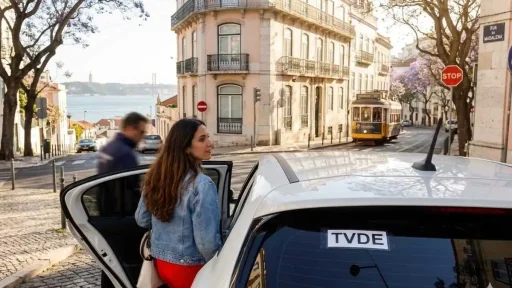43% dos TVDE já são elétricos. Lisboa quer 100% até 2030 6 Uma mulher jovem sai de um carro TVDE em Lisboa, com a ponte e o Cristo Rei ao fundo