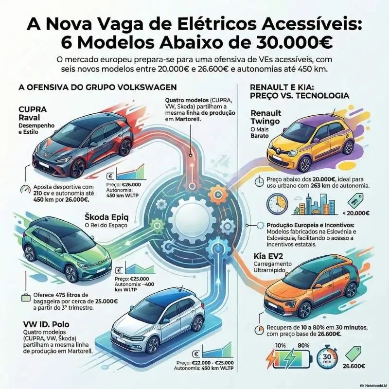 6 carros elétricos abaixo dos 30.000€ com lançamento confirmado em 2026 4 carros elétricos baratos infografia