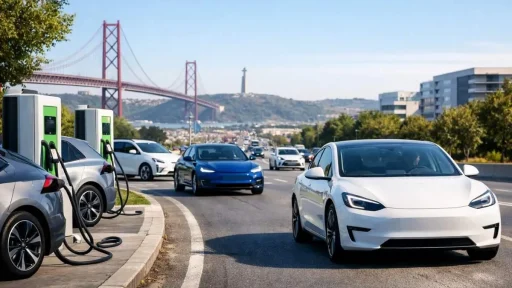 Fevereiro confirma: BEV arrancam 2026 em alta 6 Em fevereiro, continua o crescimento do segmento dos BEV. Carros elétricos na estrada clom a ponte 25 de abril e o Cristo Rei em fundo | imagem gerada por IA