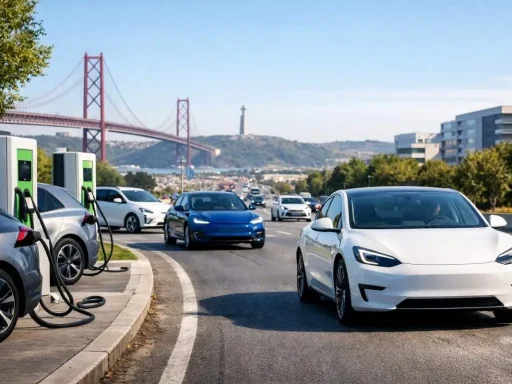 Fevereiro confirma: BEV arrancam 2026 em alta 3 Em fevereiro, continua o crescimento do segmento dos BEV. Carros elétricos na estrada clom a ponte 25 de abril e o Cristo Rei em fundo | imagem gerada por IA