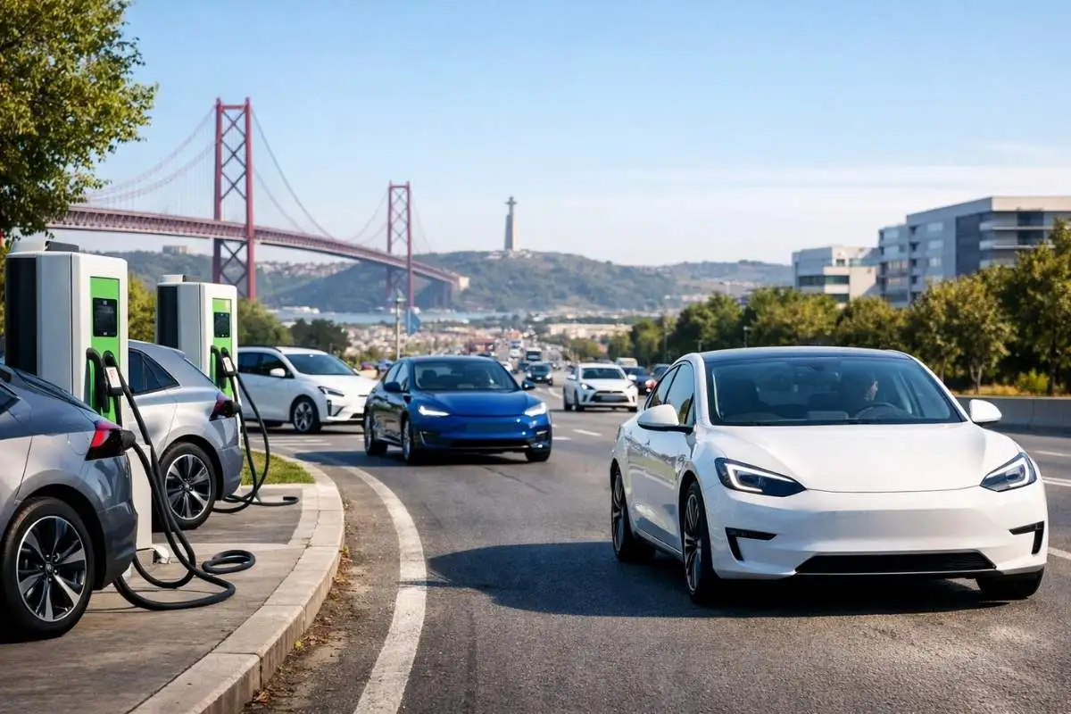 Fevereiro confirma: BEV arrancam 2026 em alta 2 Em fevereiro, continua o crescimento do segmento dos BEV. Carros elétricos na estrada clom a ponte 25 de abril e o Cristo Rei em fundo | imagem gerada por IA