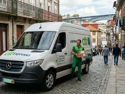 Um quarto dos condutores de frotas empresariais já usa um carro elétrico 3 frotas empresariais: uma carrinha de entregas last mille na cidade do porto | imagem gerada por IA