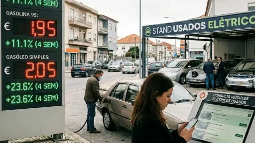 Guerra no Irão faz disparar procura por elétricos usados em Portugal 11 uma mulher busca por carros elétricos usados num posto de combustível onde se veem os preços | imagem gerada por ia