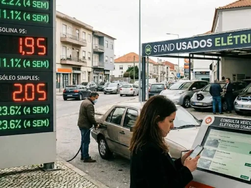 Guerra no Irão faz disparar procura por elétricos usados em Portugal 5 uma mulher busca por carros elétricos usados num posto de combustível onde se veem os preços | imagem gerada por ia