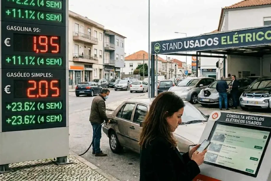 Guerra no Irão faz disparar procura por elétricos usados em Portugal 2 uma mulher busca por carros elétricos usados num posto de combustível onde se veem os preços | imagem gerada por ia
